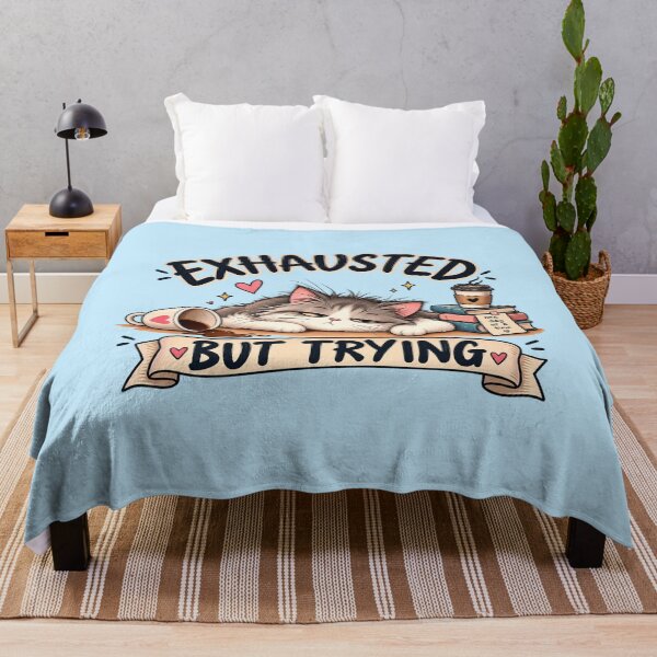 Item preview, Exhausted But Trying Funny Sleepy Cat Coffee Quote designed and sold by Dew Drop Designs.