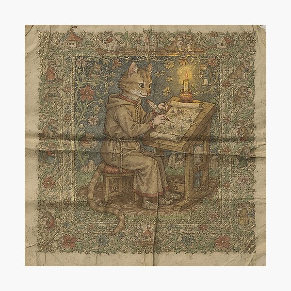 Item preview, Medieval Cat Cartographer Drawing a Map of the Kingdom Manuscript Art designed and sold by PictorialWhimsy.