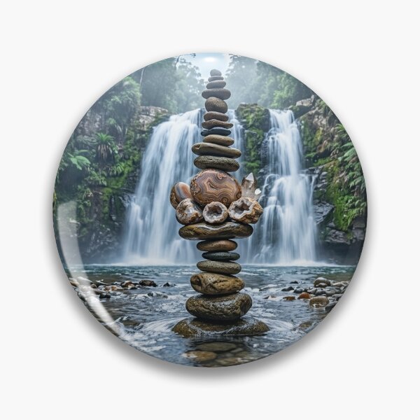 Item preview, Balanced Rock Cairn with Agates and Waterfall Rainforest Landscape designed and sold by Ak-art-shop.