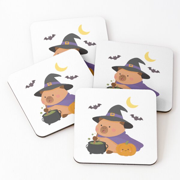 Item preview, Cute capybara witch brewing a magical potion with a pumpkin, flying bats and crescent moon for Halloween designed and sold by PeonyandlillyId.