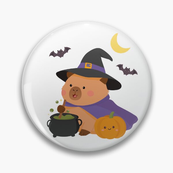 Item preview, Cute capybara witch brewing a magical potion with a pumpkin, flying bats and crescent moon for Halloween designed and sold by PeonyandlillyId.