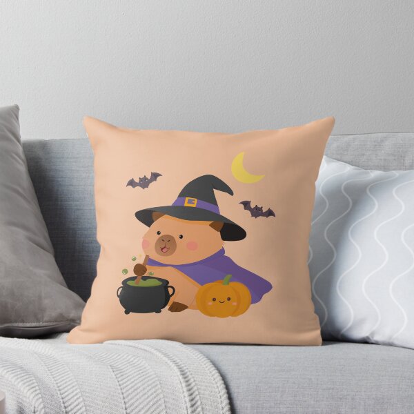 Item preview, Cute capybara witch brewing a magical potion with a pumpkin, flying bats and crescent moon for Halloween designed and sold by PeonyandlillyId.