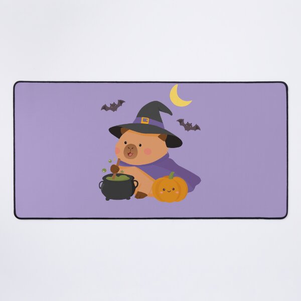 Item preview, Cute capybara witch brewing a magical potion with a pumpkin, flying bats and crescent moon for Halloween designed and sold by PeonyandlillyId.