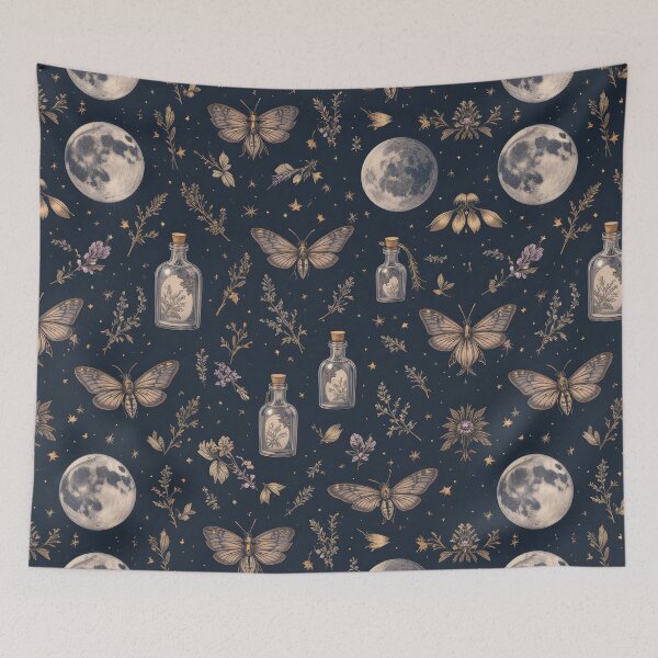 Item preview, Moody Celestial Apothecary — Moon Moth Potion Bottle Gold Botanical Halloween Seamless Pattern designed and sold by Amplify-n-Co.