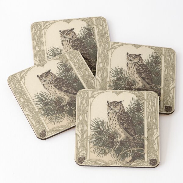 Item preview, Art Nouveau Owl Among Pine Branches in Gold Print designed and sold by PictorialWhimsy.