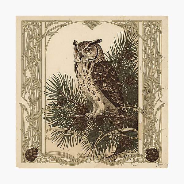 Item preview, Art Nouveau Owl Among Pine Branches in Gold Print designed and sold by PictorialWhimsy.