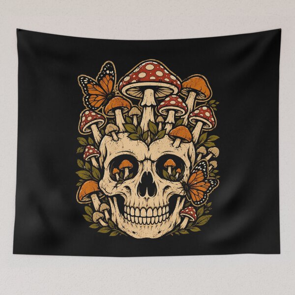 Item preview, Skull with mushrooms and butterflies design halloween designed and sold by rafaeltto.