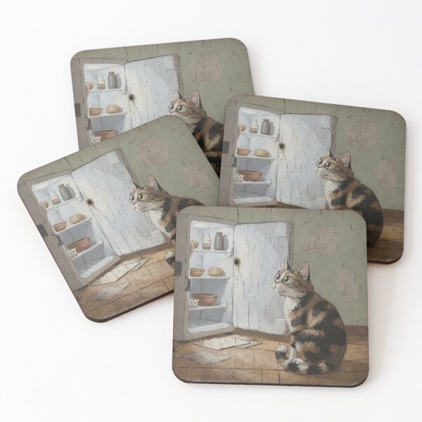 Item preview, Calico Cat Staring Into the Fridge at Midnight Folk Art designed and sold by PictorialWhimsy.