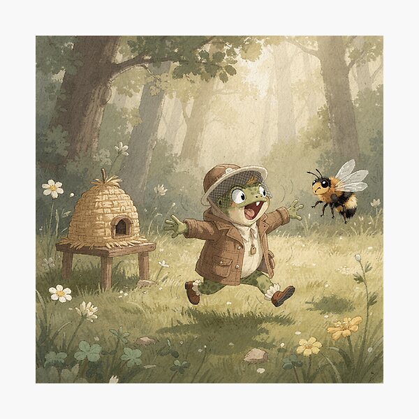 Item preview, Toad Beekeeper Chased by One Very Angry Bee Cottagecore Art designed and sold by PictorialWhimsy.