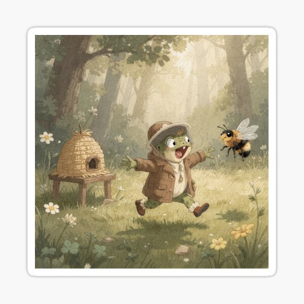 Item preview, Toad Beekeeper Chased by One Very Angry Bee Cottagecore Art designed and sold by PictorialWhimsy.