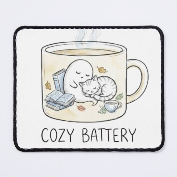 Item preview, Cozy Coffee Battery - Reading Ghost and Cat in Mug Minimalist Line Art designed and sold by Nakrisa.
