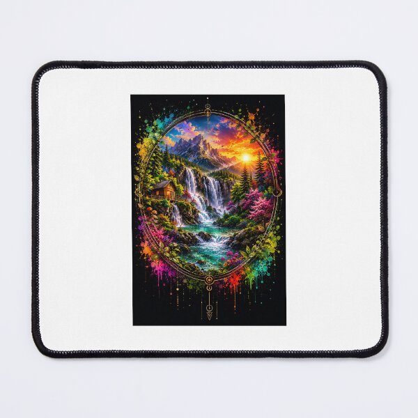 Item preview, Vibrant Mountain Waterfall Sunset Sacred Geometry Graphic Art designed and sold by Ak-art-shop.
