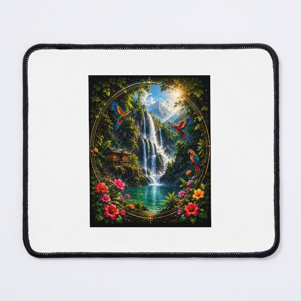 Item preview, Tropical Waterfall Paradise with Flying Macaws Sacred Geometry Art designed and sold by Ak-art-shop.
