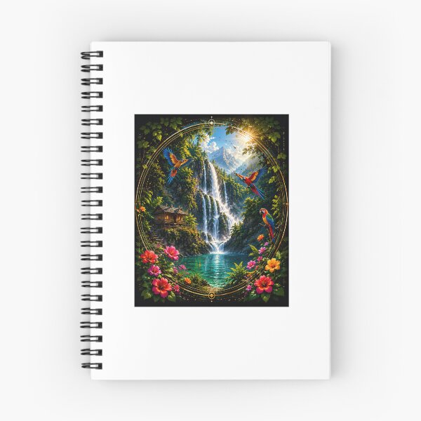 Item preview, Tropical Waterfall Paradise with Flying Macaws Sacred Geometry Art designed and sold by Ak-art-shop.