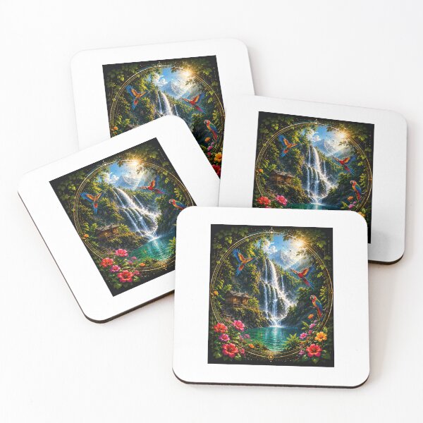 Item preview, Tropical Waterfall Paradise with Flying Macaws Sacred Geometry Art designed and sold by Ak-art-shop.