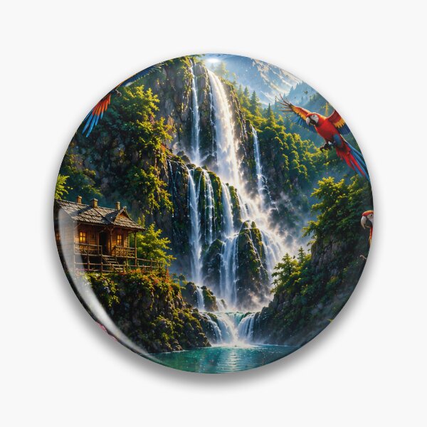 Item preview, Tropical Waterfall Paradise with Flying Macaws Sacred Geometry Art designed and sold by Ak-art-shop.