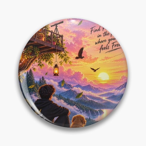 Item preview, Magical Treehouse Mountain Sunset with Boy and Dog Landscape Art designed and sold by Ak-art-shop.