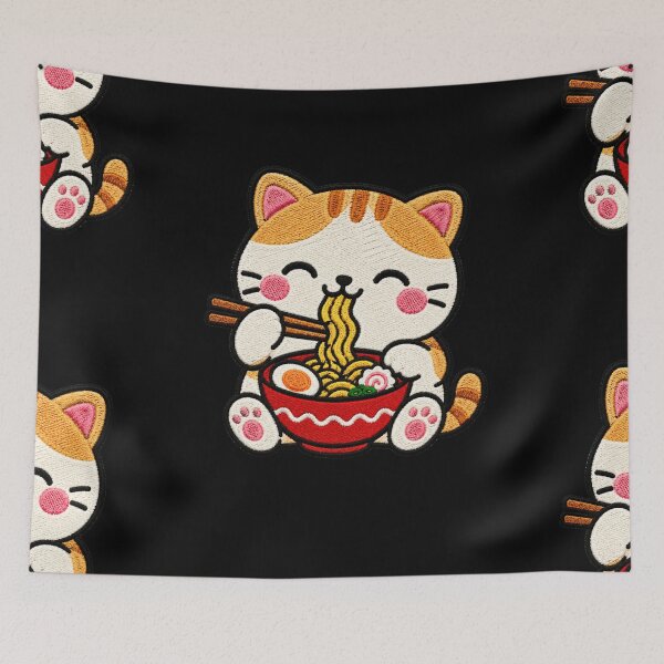 Item preview, Cute Cat Eating Ramen Kawaii Embroidery Patch designed and sold by ColorSplash123.