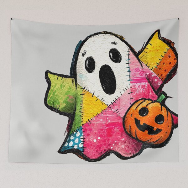 Item preview, Cute Patchwork Ghost with Halloween Pumpkin Art designed and sold by colorful-white.