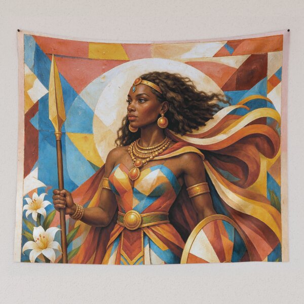 Item preview,  A painting of African warrior Queen Ahosi  with spear and shield designed and sold by GalleryKauffeld.
