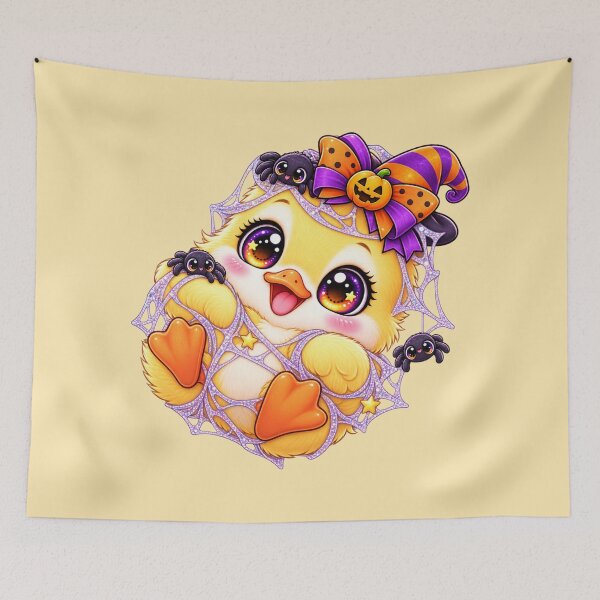 Item preview, Kawaii Cobweb Duckling Sticker Art – Cute Chibi Halloween Illustration designed and sold by MagicMakerPh.