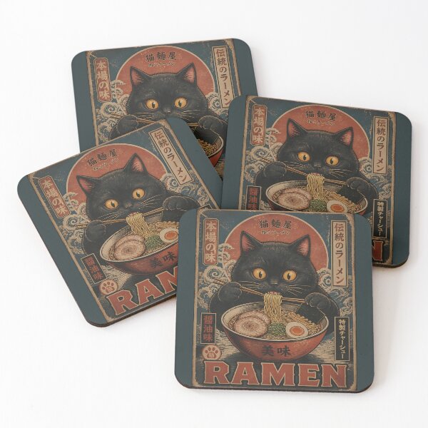 Item preview, Black Cat Eating Ramen Noodle Japanese Ukiyoe Vintage Kawaii designed and sold by GrinGalore.