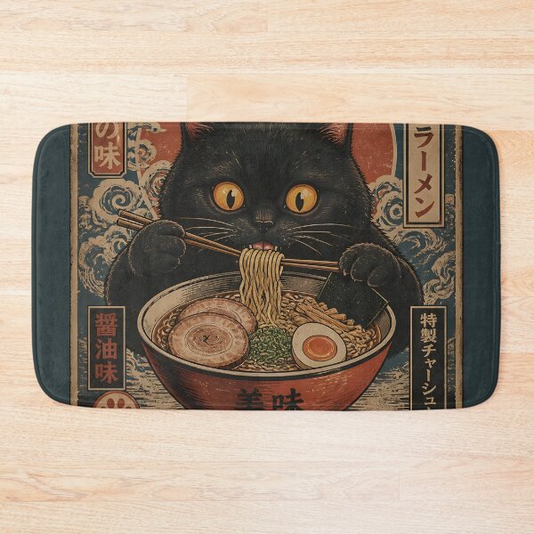 Item preview, Black Cat Eating Ramen Noodle Japanese Ukiyoe Vintage Kawaii designed and sold by GrinGalore.