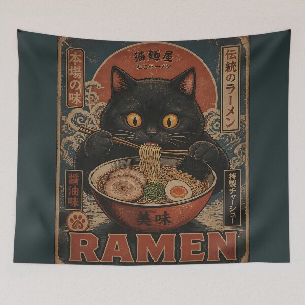 Item preview, Black Cat Eating Ramen Noodle Japanese Ukiyoe Vintage Kawaii designed and sold by GrinGalore.