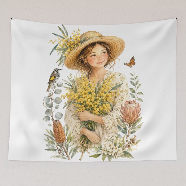 Item preview, Aussie Golden Wattle Girl Australian Native Flowers Spring Garden Aesthetic Watercolor Cottagecore designed and sold by Yellowriversss.