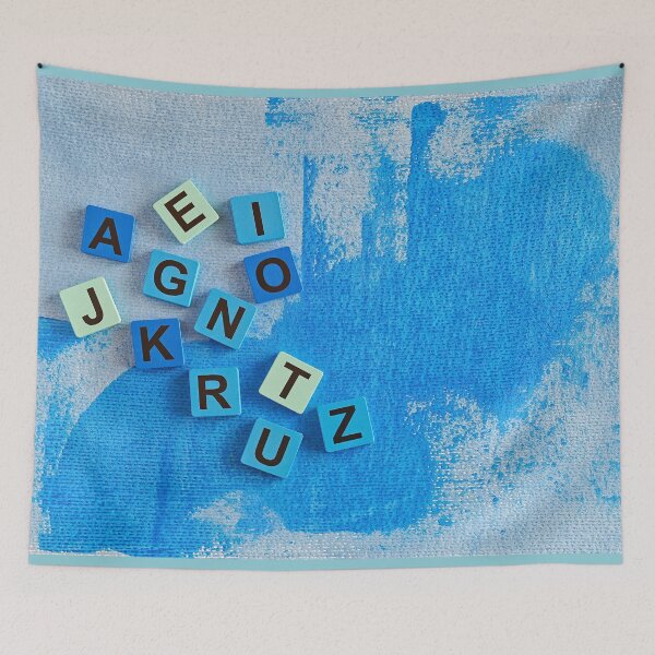 Item preview, Colorful Alphabet Tiles on Blue Canvas designed and sold by sneidere9dace.