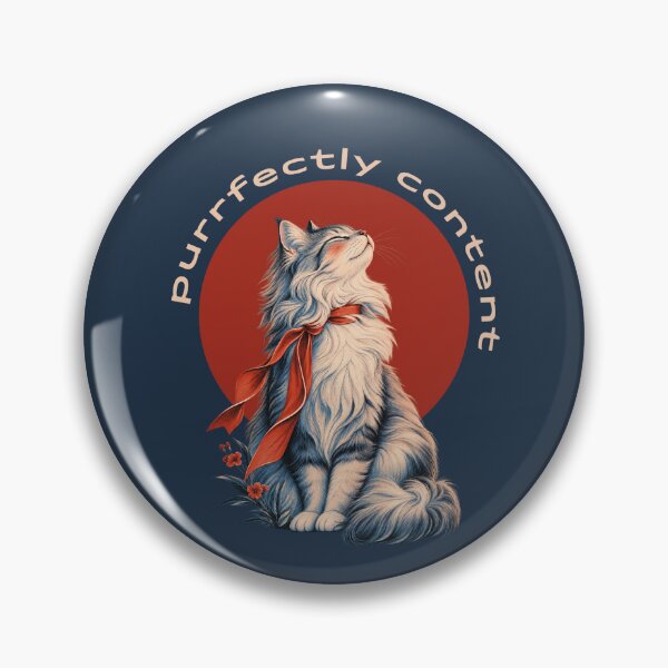 Item preview, "Purrfectly Content" Vintage Fluffy Cat with Red Ribbon and Red Sun designed and sold by ROD.