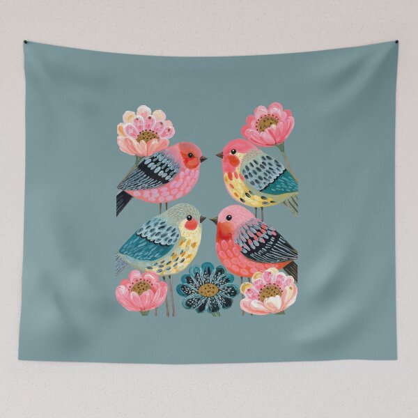 Item preview, Folk Art Painting of Colorful Pink Birds and Flowers designed and sold by Mike Kiev art.
