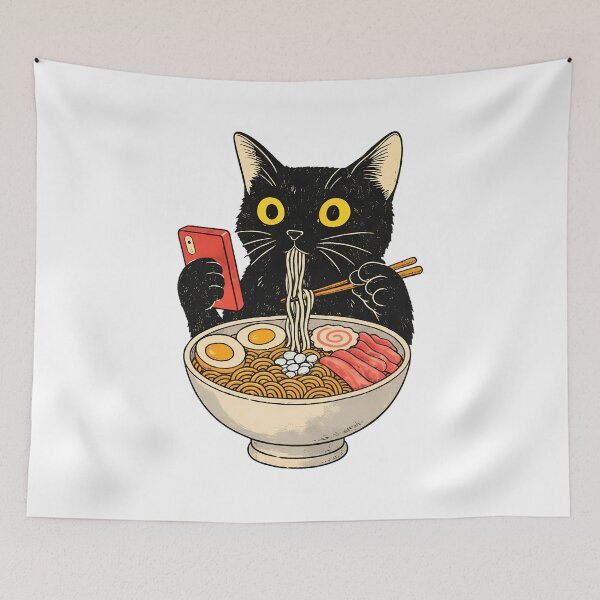 Item preview, Black Cat Eating Ramen While Scrolling Phone designed and sold by OlyvieArt.