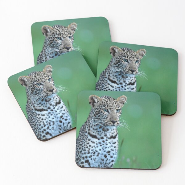 Item preview, Curious Young Leopard Portrait with Soft Green Background designed and sold by OlaniPictures.