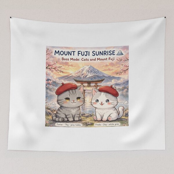 Item preview, Mount Fuji Sunrise - Freda & Junior Red Beret Cats Boss Mode Art designed and sold by MAISON SYLVIE.