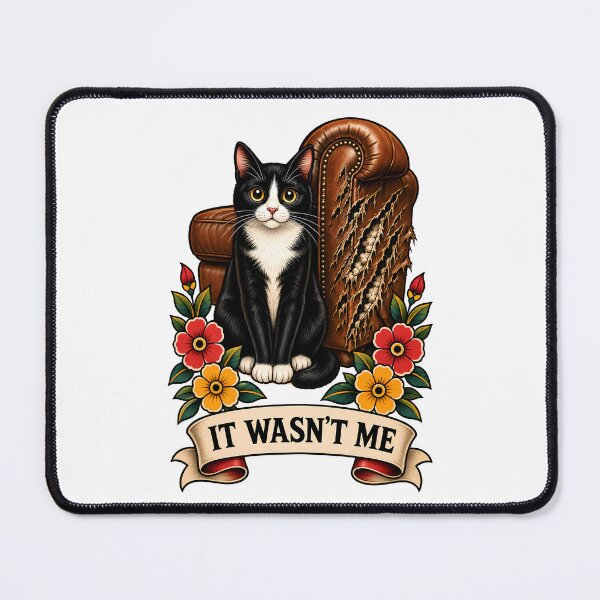 Item preview, It Wasn't Me Tuxedo Cat Shredded Couch Tattoo designed and sold by Old's Cool Cat Studio.