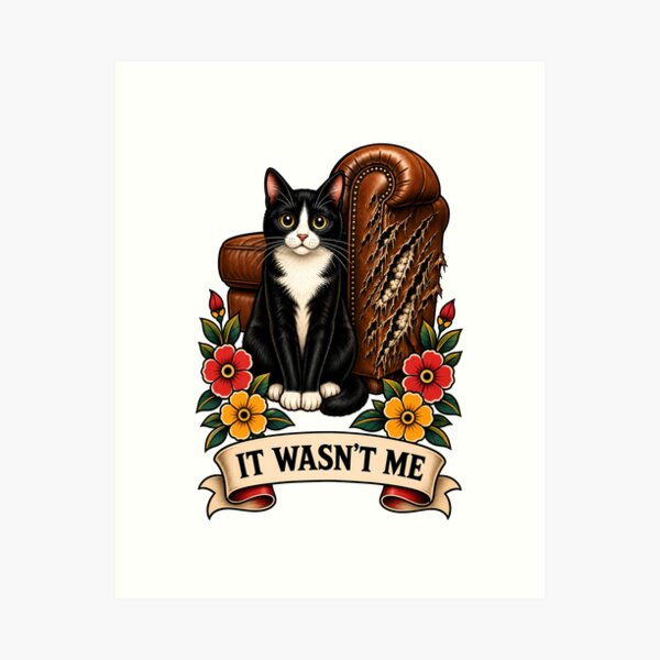 Item preview, It Wasn't Me Tuxedo Cat Shredded Couch Tattoo designed and sold by Old's Cool Cat Studio.