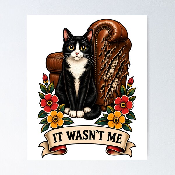 Artikelvorschau, Ich war's nicht, Tuxedo-Katze, zerrissenes Sofa-Tattoo entworfen und verkauft von Old's Cool Cat Studio.