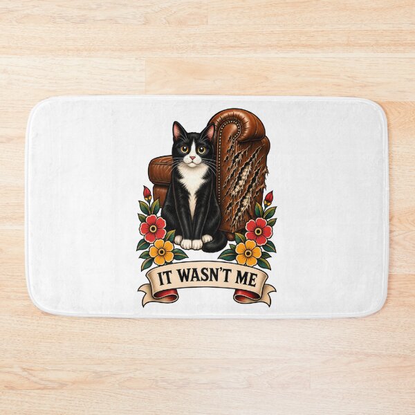 Item preview, It Wasn't Me Tuxedo Cat Shredded Couch Tattoo designed and sold by Old's Cool Cat Studio.