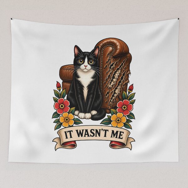 Item preview, It Wasn't Me Tuxedo Cat Shredded Couch Tattoo designed and sold by Old's Cool Cat Studio.