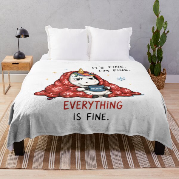 Item preview, Funny Unicorn 'It's Fine. I'm Fine. Everything Is Fine.' Blanket Meme Illustration designed and sold by Sitred123.