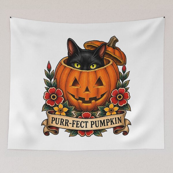 Item preview, Purrfect Pumpkin Black Cat Halloween Tattoo designed and sold by Old's Cool Cat Studio.