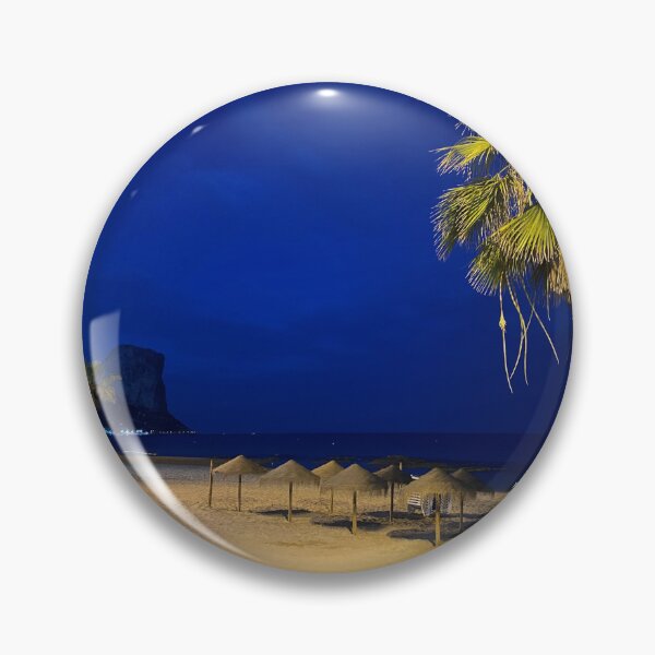 Item preview, Midnight Beach Paradise at Caple - Illuminated Palm Tree and Penon de Ifach Under Blue Hour Sky designed and sold by Astute-Artio-Photography.