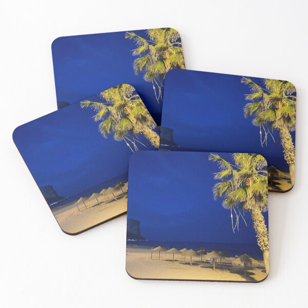 Item preview, Midnight Beach Paradise at Caple - Illuminated Palm Tree and Penon de Ifach Under Blue Hour Sky designed and sold by Astute-Artio-Photography.