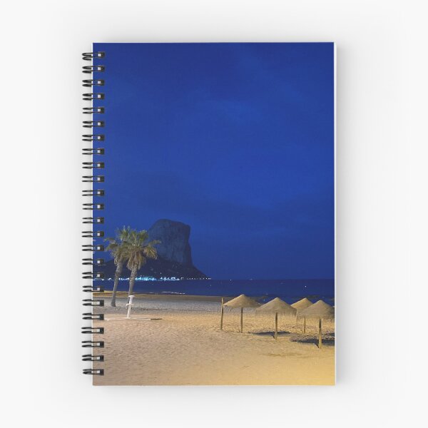Item preview, Midnight Beach Paradise at Caple - Illuminated Palm Tree and Penon de Ifach Under Blue Hour Sky designed and sold by Astute-Artio-Photography.