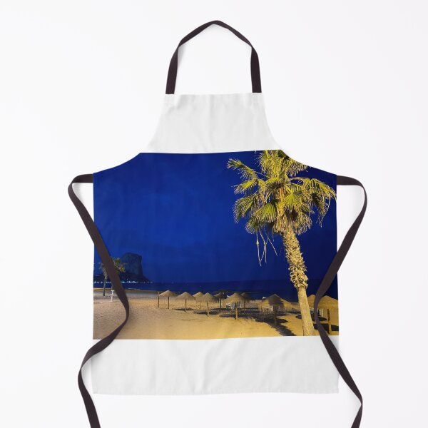 Item preview, Midnight Beach Paradise at Caple - Illuminated Palm Tree and Penon de Ifach Under Blue Hour Sky designed and sold by Astute-Artio-Photography.