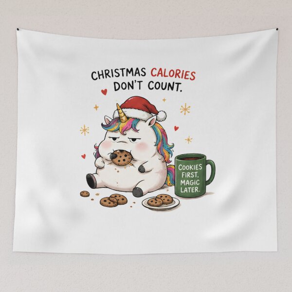 Item preview, Funny Fat Christmas Unicorn Eating Cookies First Magic Later Cartoon Design designed and sold by Sitred123.