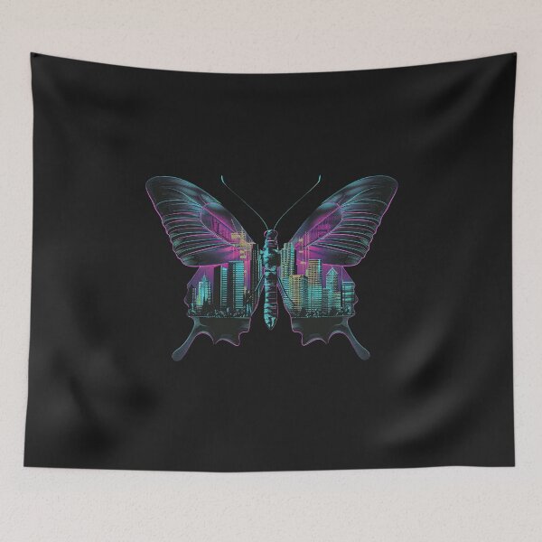Item preview, holographic butterfly  flying over the city designed and sold by RetroWaveArtCo.