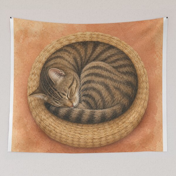 Item preview, Sleeping Cat Curl Watercolour Whimsical designed and sold by GoldenHourWalls.