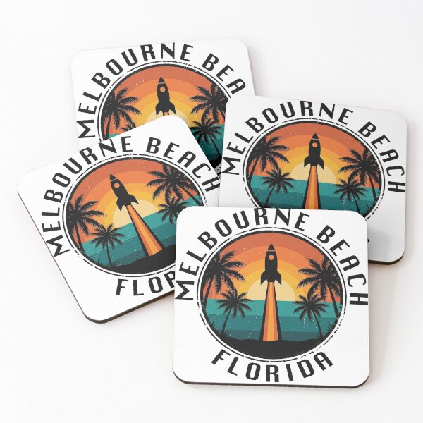 Item preview, Melbourne Beach Florida Retro Rocket Launch Sunset Palm Trees Badge designed and sold by CityMerch4.